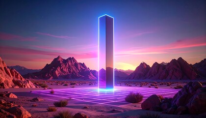 Glowing Structure in Desert Landscape at Sunset with Purple Grid