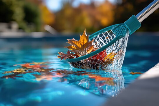 Skimmer net collects fallen leaves from the pool on a sunny day Generative AI