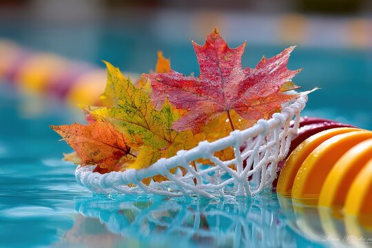 Skimmer net collecting colorful leaves from the pool surface Generative AI