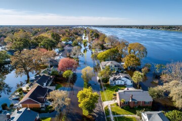 Naklejka premium Flooded residential area viewed from above during daytime Generative AI