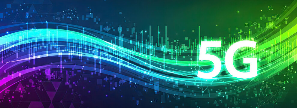 A vibrant, colorful 5G network banner with neon lights and geometric shapes.