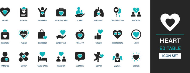 Heart icon set collection. Health, worker, care, organic, celebration, broken, charity, pulse, present, lifestyle and best solid icon set.
