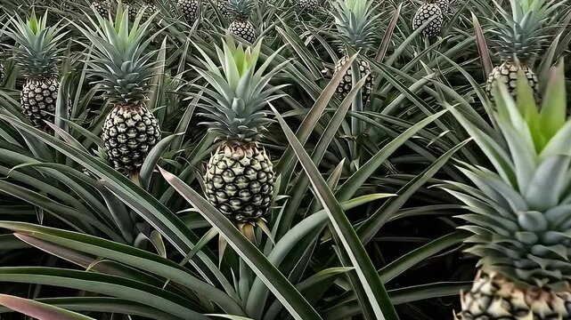 Field of Green Pineapple Plants with Spiky Leaves Growing in Rows Under Natural Sunlight Agriculture Background, Pineapple Harvest in Farm, Exotic Food Crop