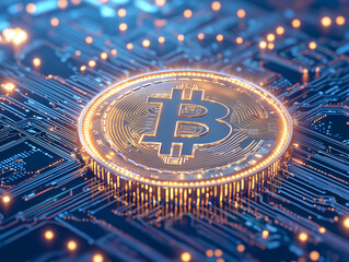 Digital currency symbol glowing on circuit board, representing future of finance and technology
