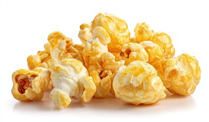 Caramel popcorn clusters against white background