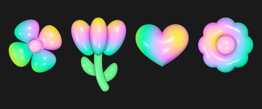 Collection features glossy 3D shapes of flowers, a heart with an iridescent pastel and neon gradient against a solid black background. Whimsical and playful design.
