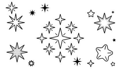 Star vector icon collection with abstract sparkle shapes, twinkle bursts, minimal retro silhouettes, glowing effects, and decorative magic design elements for modern graphics