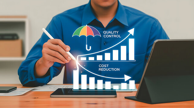 Business Person Analyzing Quality Control and Cost Reduction with Digital Tablet and Stylus Pen Presentation - Powered by Adobe