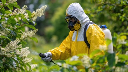 Remove Pokeweed Plants. Worker in protective gear spraying plants in a lush green environment.