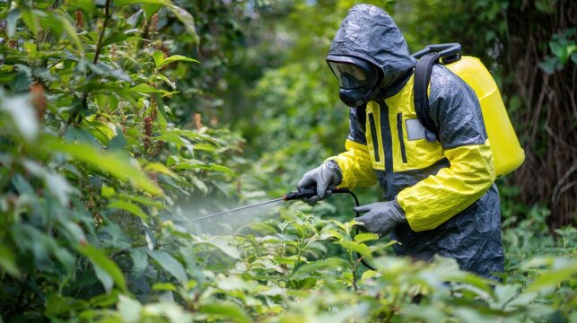 Remove Pokeweed Plants. A person in protective gear sprays chemicals in a lush green environment. - Powered by Adobe