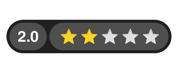 Two star rating bar with numeric label 2.0 in dark capsule design, poor customer review score for dissatisfaction, PNG with transparent background