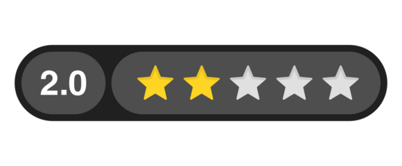 Two star rating bar with numeric label 2.0 in dark capsule design, poor customer review score for dissatisfaction, PNG with transparent background