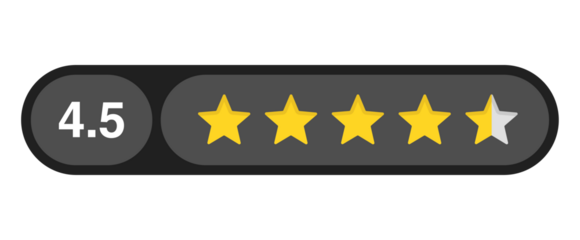 Four and a half star rating bar with numeric label 4.5 in dark capsule style, high customer feedback review score, PNG with transparent background