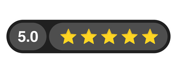 Five star rating bar with numeric label 5.0 in dark rounded capsule design, perfect customer feedback and quality review score, PNG with transparent background