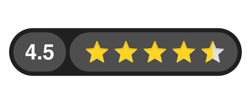 Four and a half star rating bar with numeric label 4.5 in dark capsule style, high customer feedback review score, PNG with transparent background