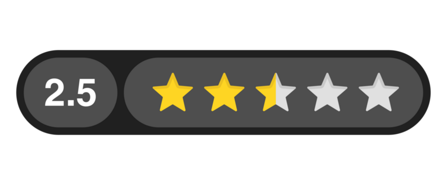 Two and a half star rating bar with numeric label 2.5 in dark capsule style, below average customer review feedback score, PNG with transparent background
