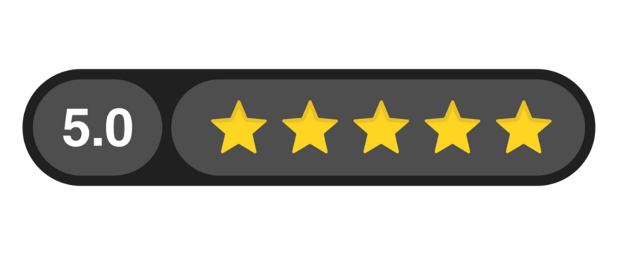 Five star rating bar with numeric label 5.0 in dark rounded capsule design, perfect customer feedback and quality review score, PNG with transparent background
