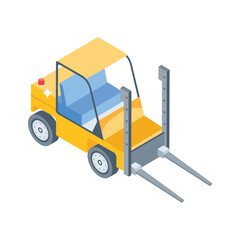 Isometric icon of a forklift lifting pallet used in delivery warehouses.