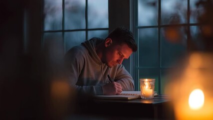 A man writes in a notebook by candlelight during a quiet evening at home - Powered by Adobe