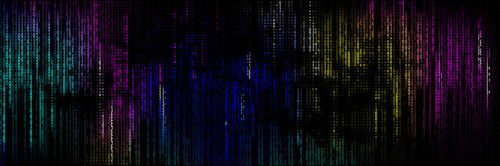 Dark background with illuminated binary code flowing in rainbow colors creates a digital rain effect of vibrant neon tones.