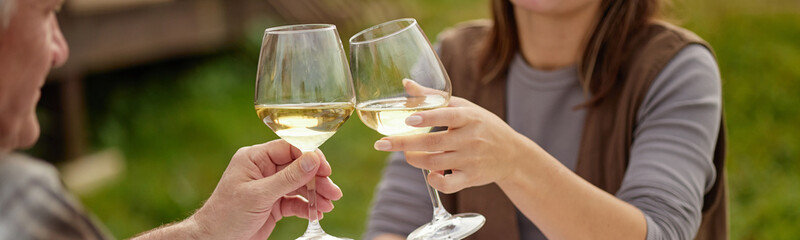 Website header shot of Caucasian middle aged man and Caucasian young adult woman clinking wine glasses outdoors, smiling and enjoying moment together, hands and partial faces visible, green background