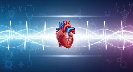 A human heart with a blue and red color scheme against a blue and purple background with medical icons.