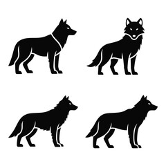 Four distinct black silhouette canine figures standing profile views animal graphics wild dog wolf representation silhouette