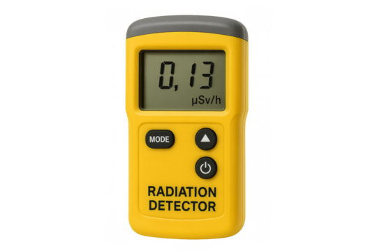 Yellow radiation detector displaying environmental radioactivity measurement