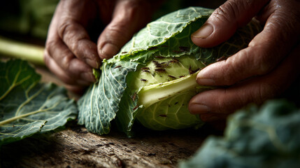 Hands peeling cabbage leaf revealing garden insects.