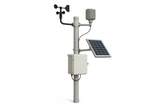 Weather station measuring atmospheric conditions with solar panel