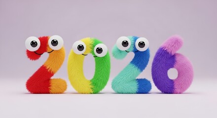 Obraz premium Colorful and Fluffy Year 2026 with Googly Eyes Happy New Year Celebration