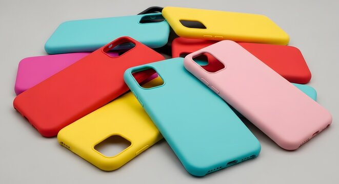 A vibrant assortment of colorful silicone phone cases stacked together, showcasing a variety of shades and styles for mobile device protection and personalization