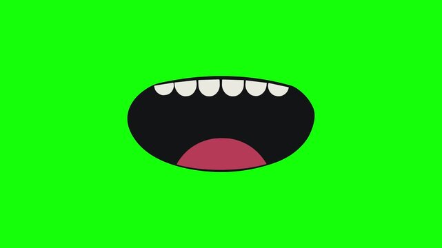 A 2D animation of a mouth opening and closing to simulate speech, featuring white teeth and a red tongue. Isolated on a chroma key green background for easy lip-sync compositing.