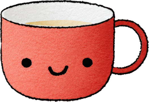 Cute cartoon coffee cup with a happy smiling face.