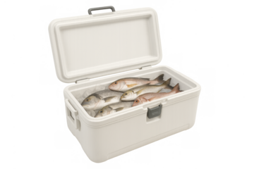Cooler holding fresh fish on ice, transparent background
