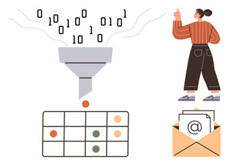 Binary code enters funnel, transforms into visual data in a table, observed by a woman near email icon. Ideal for data analysis, email marketing, digital organization, cloud computing, AI processing
