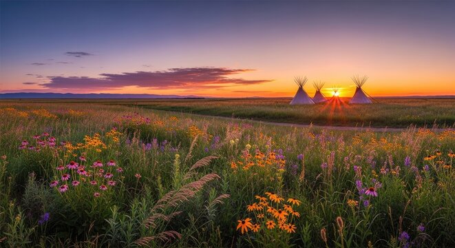 Three teepees in a field of wildflowers at sunset. - Powered by Adobe