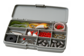 Open tackle box displaying fishing lures and accessories