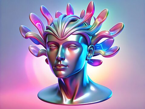 Iridescent futuristic head sculpture with elaborate crown