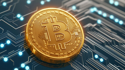 Golden cryptocurrency coin rests on digital circuit board, symbolizing future of finance and technology