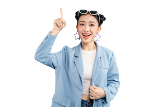 Confident young woman pointing upwards with sunglasses on PNG 