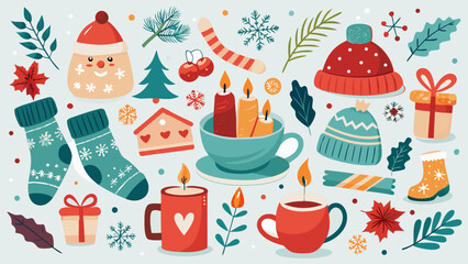A whimsical winter-themed illustration with scattered cozy items on a white background.