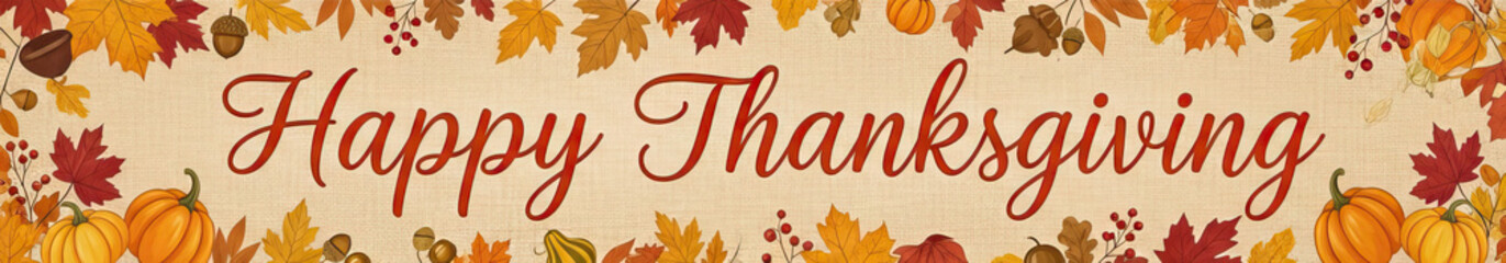 A banner with autumn leaves and pumpkins, featuring the text 'Happy Thanksgiving' in a festive font.