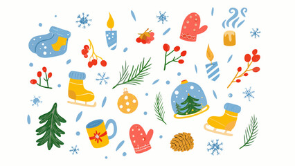Fototapeta premium A whimsical winter-themed illustration with scattered festive items on a light background.