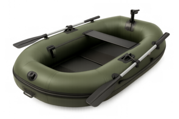 Green inflatable boat with oars on transparent background