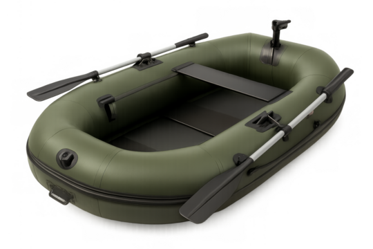 Green inflatable boat with oars on transparent background