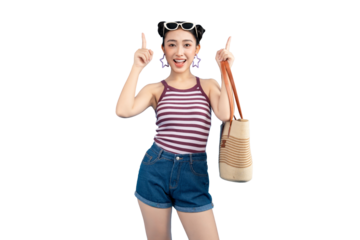 Portrait of a stylish young woman in summer attire pointing upwards PNG