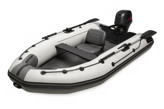 White inflatable boat with outboard motor isolated