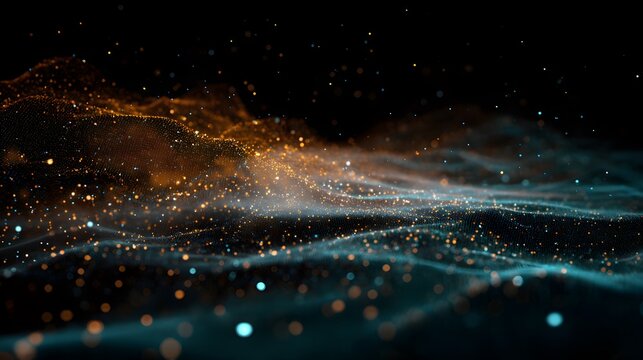 abstract particles with selective focus and bokeh effect. abstract digital particles. Futuristic wave with connecting dots and lines. Network connection structure. Big data visualization.