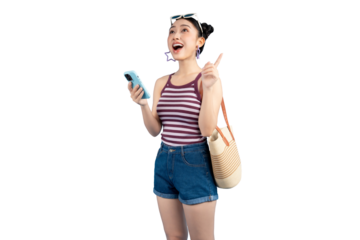 Portrait of a young woman holding a smartphone while pointing upwards, filled with curiosity and excitement. With a stylish outfit and bag, she appears ready for adventure on PNG